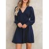 CUPSHE Women’s Mini Dress Smocked V Neck Long Sleeve Empire Waist Casual A Line Dress(Navy Blue)