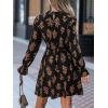 CUPSHE Women’s Mock Neck Floral Mini Fall Dress Long Ruffle Sleeve Elastic Waist Smocked Casual Flowying Mini Dresses(Black Floral)