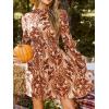 CUPSHE Women’s Mock Neck Floral Mini Fall Dress Long Ruffle Sleeve Elastic Waist Smocked Casual Flowying Mini Dresses(Brown)