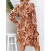 CUPSHE Women’s Mock Neck Floral Mini Fall Dress Long Ruffle Sleeve Elastic Waist Smocked Casual Flowying Mini Dresses(Brown)