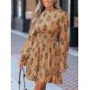 CUPSHE Women’s Mock Neck Floral Mini Fall Dress Long Ruffle Sleeve Elastic Waist Smocked Casual Flowying Mini Dresses(Burnt Almond)