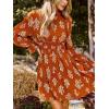 CUPSHE Women’s Mock Neck Floral Mini Fall Dress Long Ruffle Sleeve Elastic Waist Smocked Casual Flowying Mini Dresses(Burnt Orange)