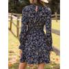 CUPSHE Women’s Mock Neck Floral Mini Fall Dress Long Ruffle Sleeve Elastic Waist Smocked Casual Flowying Mini Dresses(Navy)