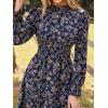 CUPSHE Women’s Mock Neck Floral Mini Fall Dress Long Ruffle Sleeve Elastic Waist Smocked Casual Flowying Mini Dresses(Navy)