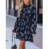 CUPSHE Women’s Mock Neck Floral Mini Fall Dress Long Ruffle Sleeve Elastic Waist Smocked Casual Flowying Mini Dresses(Navy Floral)