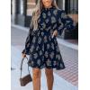 CUPSHE Women’s Mock Neck Floral Mini Fall Dress Long Ruffle Sleeve Elastic Waist Smocked Casual Flowying Mini Dresses(Navy Floral)