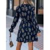 CUPSHE Women’s Mock Neck Floral Mini Fall Dress Long Ruffle Sleeve Elastic Waist Smocked Casual Flowying Mini Dresses(Navy Floral)