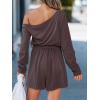 CUPSHE Women’s Off Shoulder Rompers Long Sleeve Waist Tie Casual One-Shoulder Romper Lounge Vacation(Coffee)