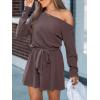 CUPSHE Women’s Off Shoulder Rompers Long Sleeve Waist Tie Casual One-Shoulder Romper Lounge Vacation(Coffee)