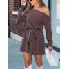 CUPSHE Women’s Off Shoulder Rompers Long Sleeve Waist Tie Casual One-Shoulder Romper Lounge Vacation(Coffee)