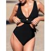 CUPSHE Women’s One Piece Swimsuit Keyhole Deep V Neck Bathing Suit Drawstring Mesh Ruching Wide Adjustable Straps(Black)