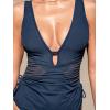 CUPSHE Women’s One Piece Swimsuit Keyhole Deep V Neck Bathing Suit Drawstring Mesh Ruching Wide Adjustable Straps(Deep Navy Blue)