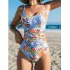 CUPSHE Women’s One Piece Swimsuit V Neck Tummy Control Bathing Suit Crisscross Back Self Tie Ruched Swimwear(White/Light Blue Floral)
