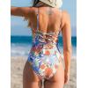 CUPSHE Women’s One Piece Swimsuit V Neck Tummy Control Bathing Suit Crisscross Back Self Tie Ruched Swimwear(White/Light Blue Floral)