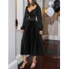 CUPSHE Womens Party Dresses Long Sleeve Pleated Fall Outfit Casual V Neck Elegant Club Evening Cocktail Midi Dress(Black)