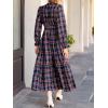 CUPSHE Women’s Plaid Ruffle Maxi Dress V Neck Long Sleeve Smocked Waist Fall Casual Party Dresses(Nacy Blue)