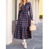 CUPSHE Women’s Plaid Ruffle Maxi Dress V Neck Long Sleeve Smocked Waist Fall Casual Party Dresses(Nacy Blue)