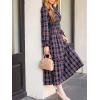 CUPSHE Women’s Plaid Ruffle Maxi Dress V Neck Long Sleeve Smocked Waist Fall Casual Party Dresses(Nacy Blue)