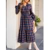 CUPSHE Women’s Plaid Ruffle Maxi Dress V Neck Long Sleeve Smocked Waist Fall Casual Party Dresses(Nacy Blue)
