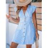 CUPSHE Women’s Striped Summer Dresses V Neck Casual Mini Dress Flutter Sleeve Ruffle Button Sundresses(Blue)
