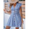 CUPSHE Women’s Striped Summer Dresses V Neck Casual Mini Dress Flutter Sleeve Ruffle Button Sundresses(Roray Blue)