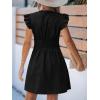 CUPSHE Women’s Striped Summer Dresses V Neck Casual Mini Dress Flutter Sleeve Ruffle Button Sundresses(Solid Black)
