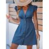 CUPSHE Women’s Striped Summer Dresses V Neck Casual Mini Dress Flutter Sleeve Ruffle Button Sundresses(Solid Blue)