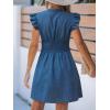 CUPSHE Women’s Striped Summer Dresses V Neck Casual Mini Dress Flutter Sleeve Ruffle Button Sundresses(Solid Blue)