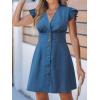 CUPSHE Women’s Striped Summer Dresses V Neck Casual Mini Dress Flutter Sleeve Ruffle Button Sundresses(Solid Blue)