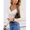 CUPSHE Women’s Sweetheart Neckline Top Color Block Long Sleeve T Shirts Ribbed Knit Tee Tops(Beige)
