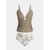CUPSHE Women’s Tankini Sets Two Piece Swimsuit Plunging V Neck Scalloped Edge Bathing Suit Mid Rise(Taupe Brown Floral)