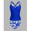 CUPSHE Women’s Tankini Sets Two Piece Swimsuit Scoop Neck V Cut Double Straps Self Tied Bathing Suit Ruched Tummy(Cobalt Blue/White Floral)
