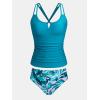 CUPSHE Women’s Tankini Sets Two Piece Swimsuit Scoop Neck V Cut Double Straps Self Tied Bathing Suit Ruched Tummy(Teal Blue/Floral)