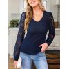 CUPSHE Womens Top Eyelet Lace V Neck Long Floral Sleeve Blouse Casual Hollow Out Loose Trendy Dressy(Navy)
