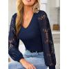 CUPSHE Womens Top Eyelet Lace V Neck Long Floral Sleeve Blouse Casual Hollow Out Loose Trendy Dressy(Navy)