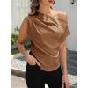 CUPSHE Women’s Tops Asymmetrical Off-Shoulder Shirt Sleeveless Ruching Satin Blouses Elegant Trendy Dressy(1-brown)