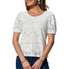 CUPSHE Blouses for Women 2026 Eyelet Hollow Out Crochet Embroidered Short Sleeve Crewneck Shirts Flower Lace Tops Dressy(White)