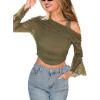 CUPSHE Crop Tops for Women Off-Shoulder Mesh Ruched Long Sleeve Sheer Going Out Blouse Bodycon Y2K Cute Night Club(Green)
