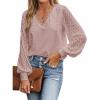 CUPSHE Long Sleeve Tops for Women Eyelet Scalloped Lace V Neck Blouse Casual Loose Fashion Shirts(A Pink)