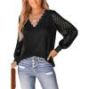 CUPSHE Long Sleeve Tops for Women Eyelet Scalloped Lace V Neck Blouse Casual Loose Fashion Shirts(Black)