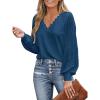 CUPSHE Long Sleeve Tops for Women Eyelet Scalloped Lace V Neck Blouse Casual Loose Fashion Shirts(Blue)