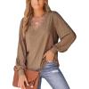 CUPSHE Long Sleeve Tops for Women Eyelet Scalloped Lace V Neck Blouse Casual Loose Fashion Shirts(Brown)