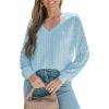 CUPSHE Long Sleeve Tops for Women Eyelet Scalloped Lace V Neck Blouse Casual Loose Fashion Shirts(Light Blue)
