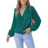 CUPSHE V Neck Wrap Velvet Tops Dressy Causal Long Sleeve Business Work Blouses Loose Fit Shirts Vacation Outfits(Dark Green)