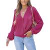 CUPSHE V Neck Wrap Velvet Tops Dressy Causal Long Sleeve Business Work Blouses Loose Fit Shirts Vacation Outfits(Fuchsia)
