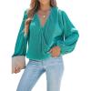 CUPSHE V Neck Wrap Velvet Tops Dressy Causal Long Sleeve Business Work Blouses Loose Fit Shirts Vacation Outfits(Green)