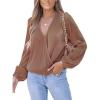 CUPSHE V Neck Wrap Velvet Tops Dressy Causal Long Sleeve Business Work Blouses Loose Fit Shirts Vacation Outfits(Light Brown)
