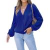 CUPSHE V Neck Wrap Velvet Tops Dressy Causal Long Sleeve Business Work Blouses Loose Fit Shirts Vacation Outfits(Royal Blue)
