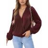CUPSHE V Neck Wrap Velvet Tops Dressy Causal Long Sleeve Business Work Blouses Loose Fit Shirts Vacation Outfits(Wine)