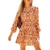 CUPSHE Women Fall Dresses Boho Floral Drawstring V Neck Ruffle Hem Sundress Long Sleeve Smocked Mini Dress(Brown)